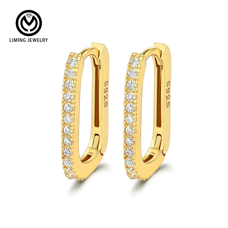 Classic Gold Plated Jewelry S925 Sterling Silver Pave CZ Geometric Huggie Hoop Earrings for Women Fine Jewelry Statement Gifts MegaBDM