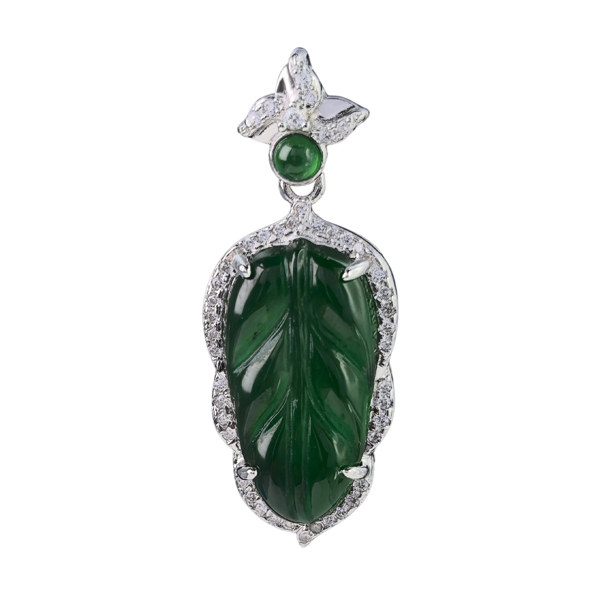 Opulent Rhodium Plated 925 Silver Jewelry Natural Jadeite Leaf Pendant for Women Anniversary Gift