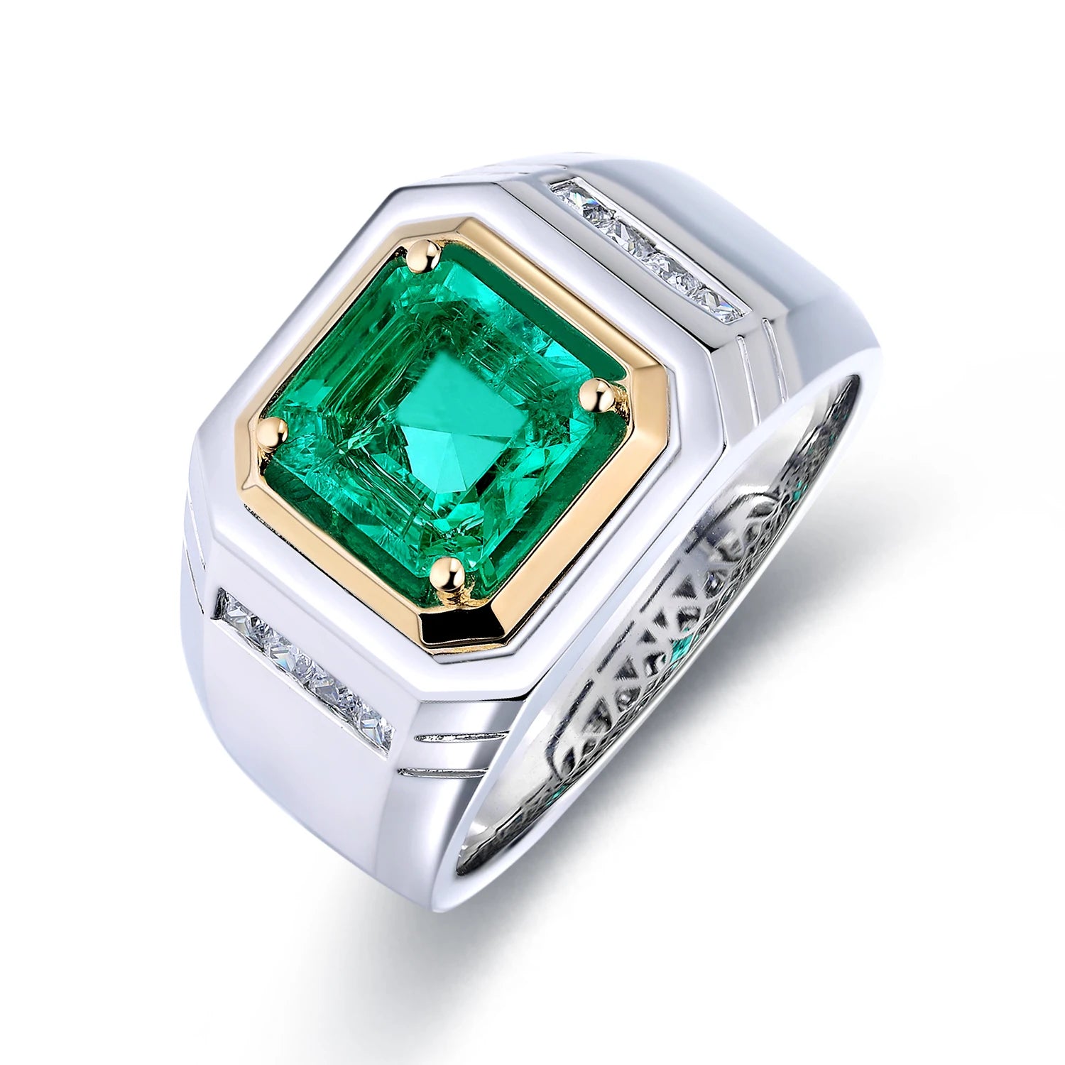 Anster Lab Created Emerald With Inclusions Men's Ring S925 Sterling Silver Lab Made Diamonds and Emeralds Ring