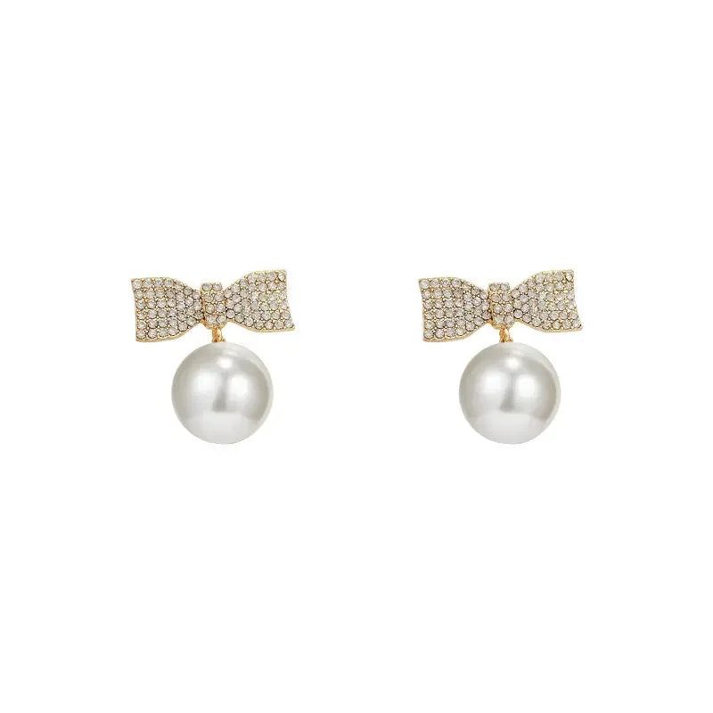 AA00791 Crystal Bow Pearl Earrings Female Luxury Personality Earring Exquisite Unique Ear Studs