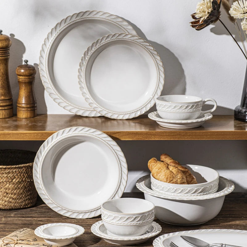 Nordic Style Retro Pattern Embossed Ceramic Tableware Sets Plate Bowl Mug for Home Hotel Restaurant