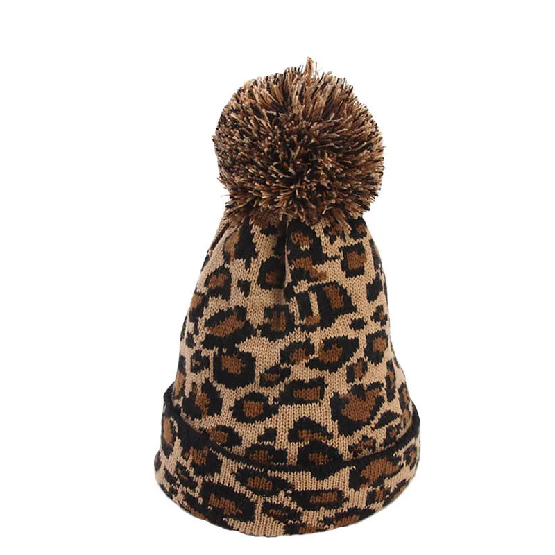 Luxury Leopard China Caps Manufacturer Acrylic Womens Winter Hats Knitted Beanie Warm Fitted Hat With Pom Pom