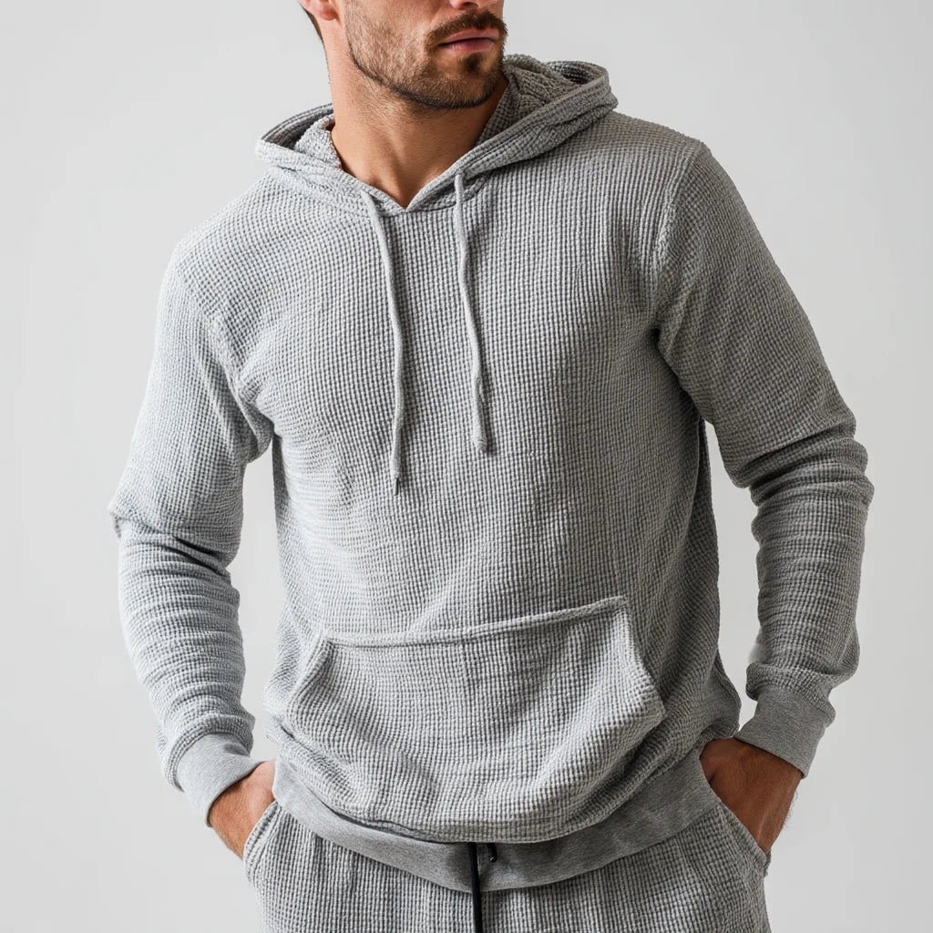 Men's Casual Cotton Blend Waffle Knit Pullover Hoodie Sweater Spring Thermal Textured Knitwear with Embroidered Drawstring Hood