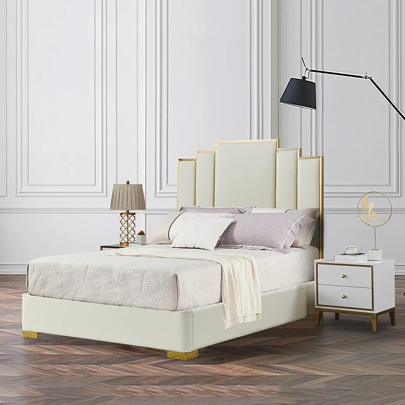 Luxury king Modern Leather Stainless Steel Solid Wooden Soft Bed Frame