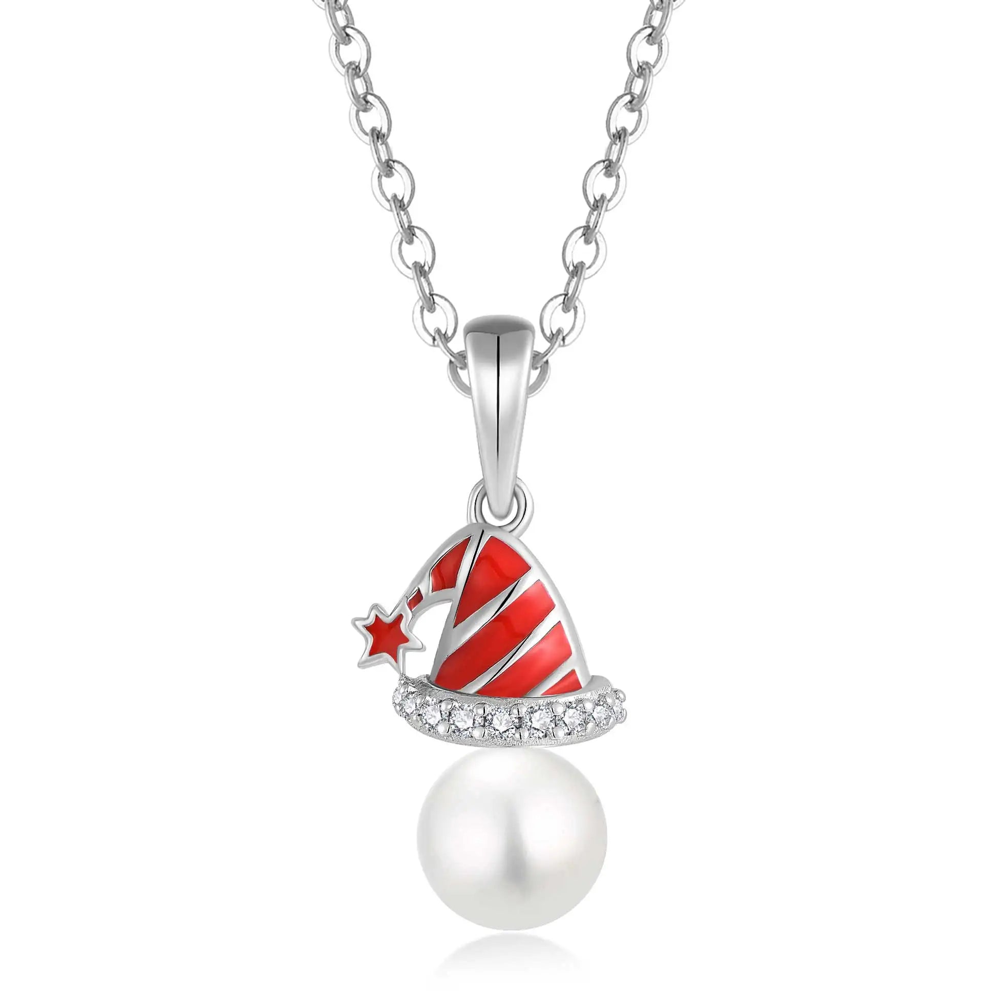 QX CUSTOM OEM Fine Jewelry Dainty 925 Silver Cubic Zircon Round Pearl Christmas Red Hat Pendant Fashion Necklaces for Women