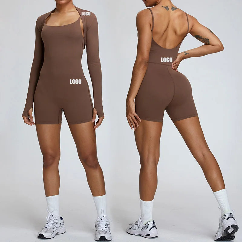SHINBENE 2Pcs Women Workout Gym Sets Shawl Arm Sleeve Backless Bodysuits Plus Size Yoga Outfits