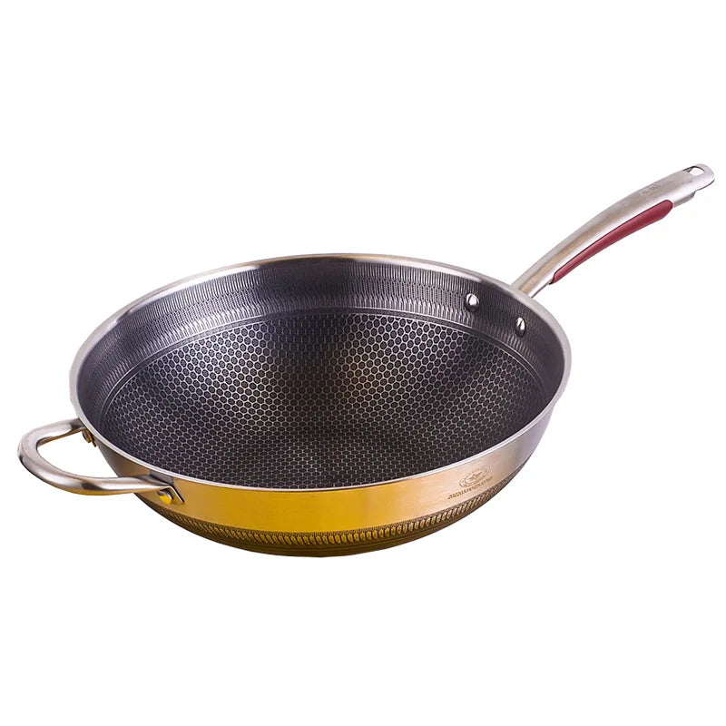 High Quality Commercial 32/34/40cm Big Capacity 3-ply Stainless Steel Honeycomb Wok Pan Nonstick