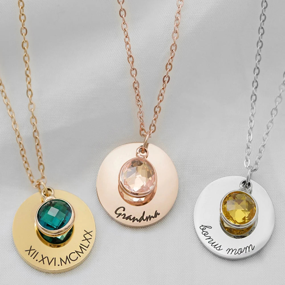 New Style Stainless Steel Necklace Blank 20mm Round Pendant Necklace Custom Logo Pendant Necklace With 9mm Birthstone Charm