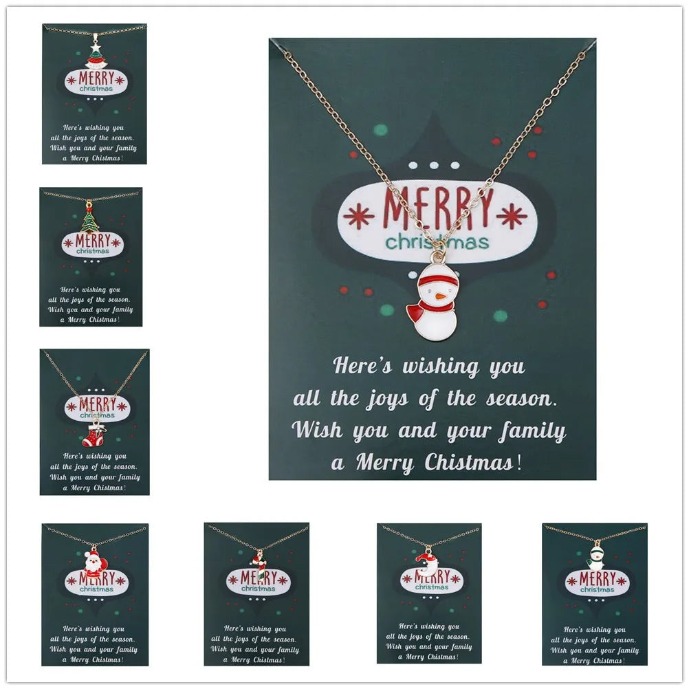 Christmas Gift Tree Stockings Hat Santa Claus Reindeer Candy Cane Snowflake Bell Charm Necklace with Make a Wish Card