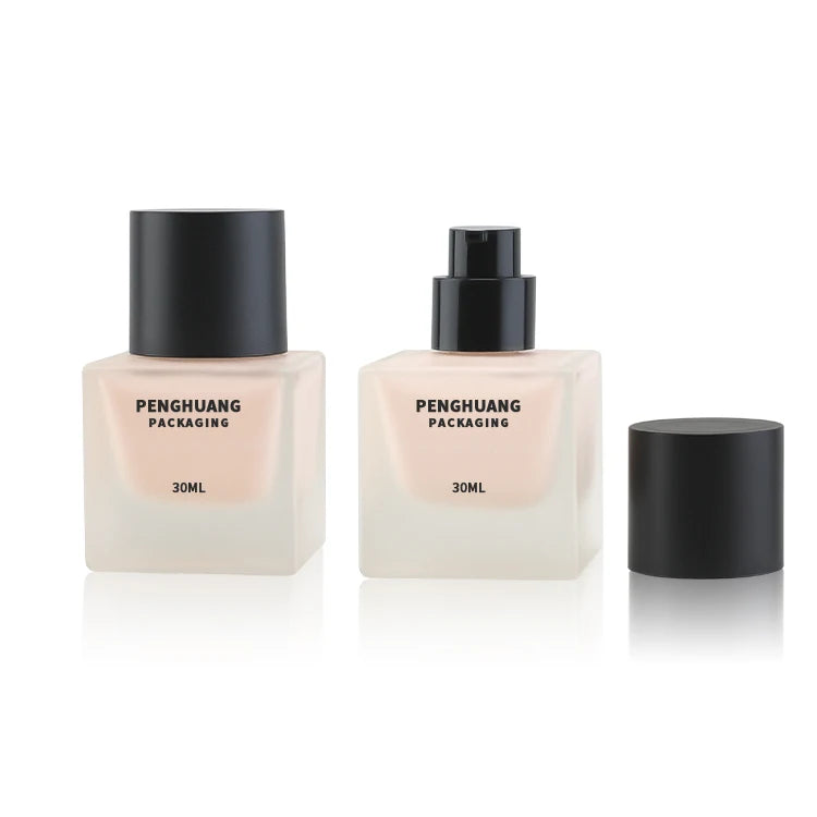 New Arrival 30ml Flat Square Glass Foundation Makeup Bottle Pump Cap Screen Printing for Face Care Cosmetics Lotion Packaging