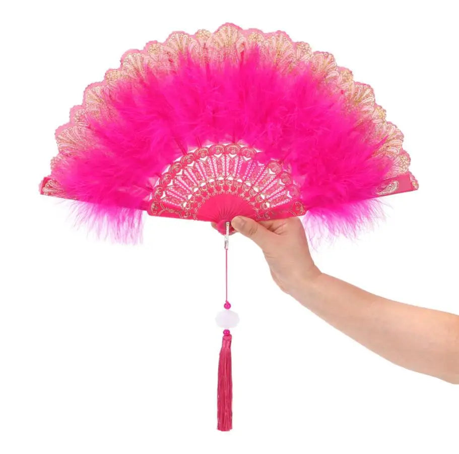Custom Lolita Feather Folding Plastic Fan Sweet Girl Gothic Court Dance Hand Fans with Pendant Props Wedding Party Decoration