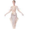 Elegant Sexy Mermaid Tea-Length Evening Party Dress for Women Hollow Waist Back Cutout Sequin Fringe Embroidery for Costumes