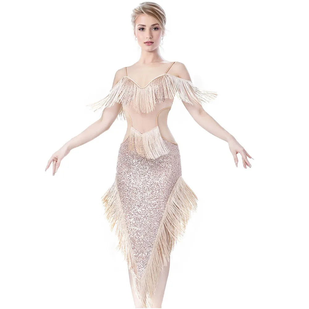 Elegant Sexy Mermaid Tea-Length Evening Party Dress for Women Hollow Waist Back Cutout Sequin Fringe Embroidery for Costumes