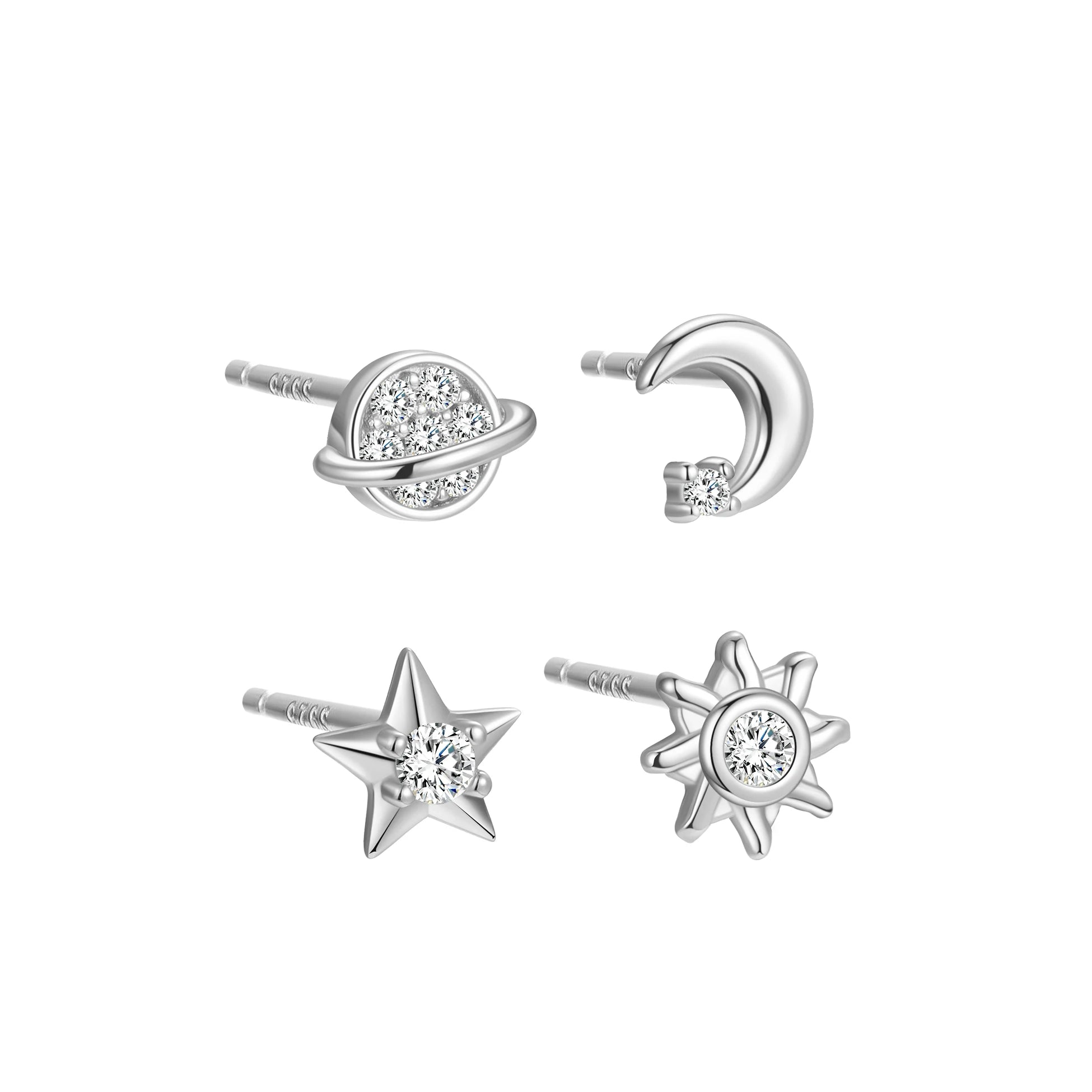 4pcs 925 Sterling Silver Earrings Set Small Round CZ Sun Moon Star Planet Stud for Women Girl Wholesale Fine Jewelry