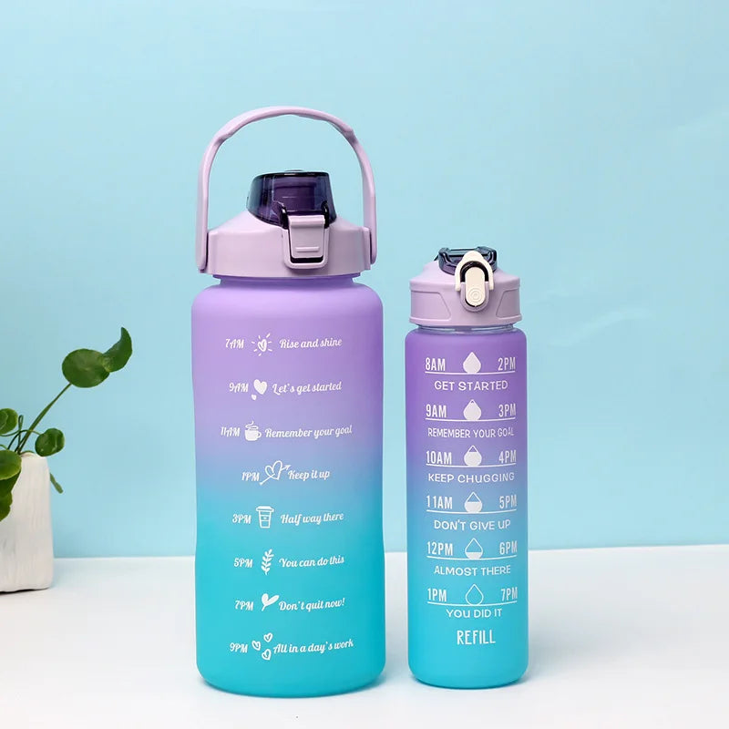 Gradient Color 2-in-1 Set Bottle 2L 800ml Plastic Sport Gym Fitness Motivational Water Bottles With Straw Sleeve Time Marker