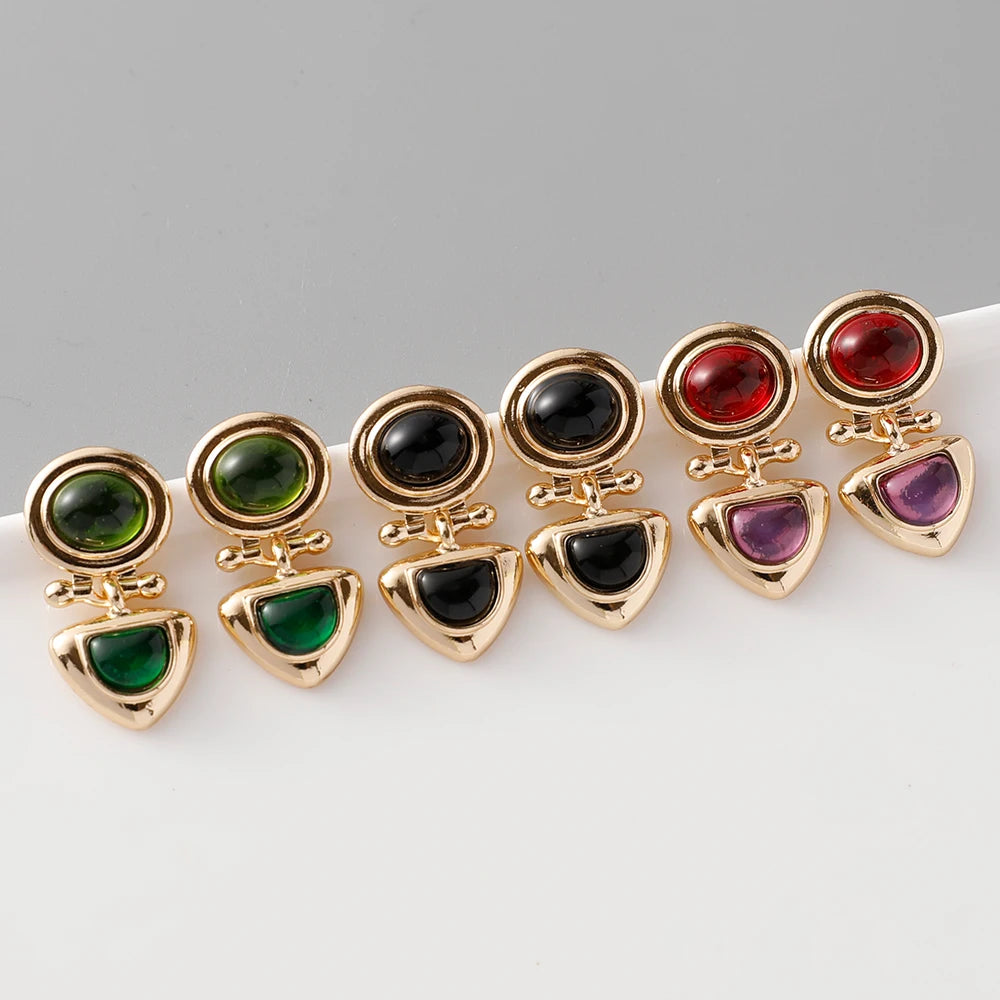 Elegant Gold Plated Gemstone Oval Shaped Earrings Ladies Vintage Red Green Glass Geometric Stud Earrings