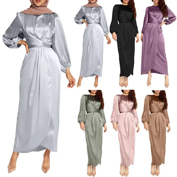 Women Arab Muslim Satin Puff Long Sleeve Maxi Dress Cross Wrap Front Self-Tie Waist Abaya Dubai Turkey Hijab Robe Kaftan 20%