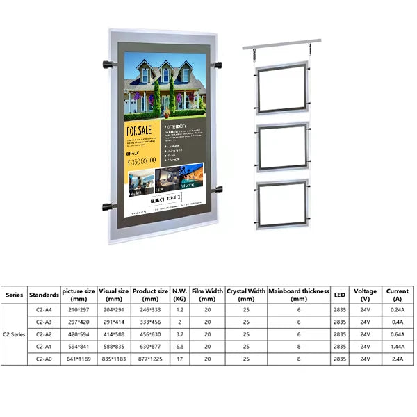 A1 A2 A3 A4 Led Advertising Real Estate Agency Display Hanging Backlit Crystal Light Box