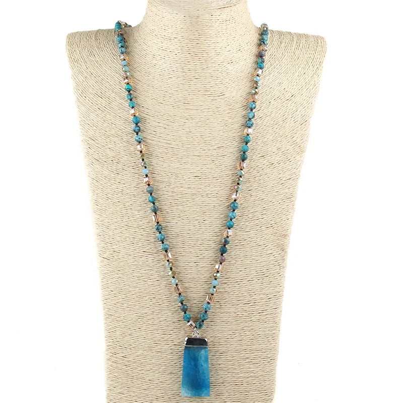 Fashion Long Knotted Agate Jewelry 6mm Natural Stone Crystal Glass Necklace Rectangle Pendant Necklace