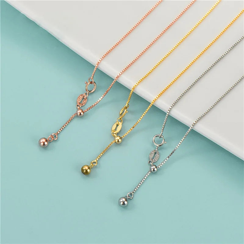 Wholesale 925 Sterling Silver Chain Rose Gold Box Chain With Ball Charm Adjustable Length Chain Necklace for DIY Jewelry Making