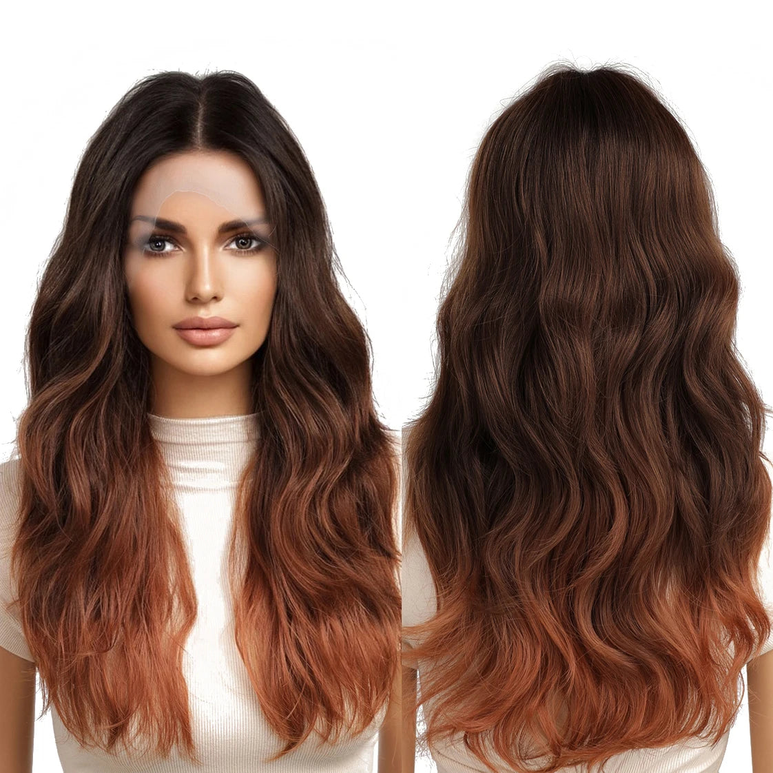 Japan Future Fiber Lace Front Ombre Brown Copper Red Wavy Synthetic Wig for Black White Women Heat Resistant