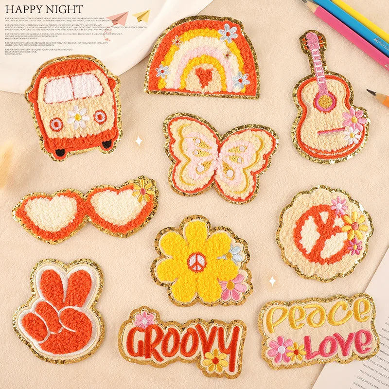 Iron on Embroidery Orange Yellow Style Peace rainbow Violin Busy Sunglass Chenille Patch for Kid Clothes Decoration