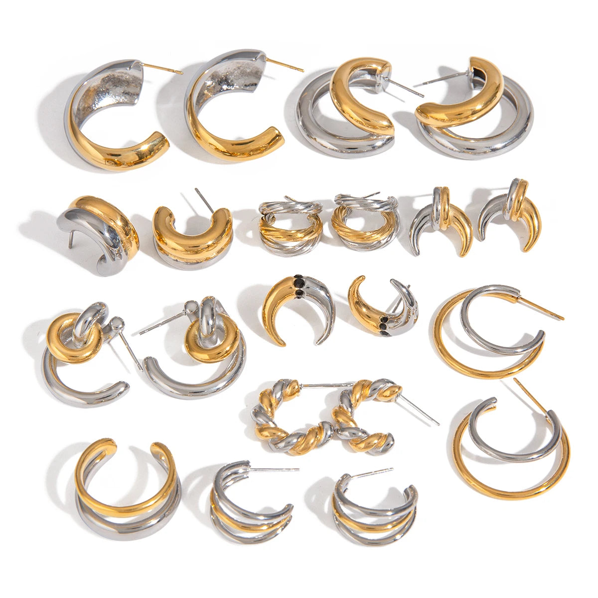 J&D Stainless Steel Bicolor C-Shaped Hoop Earrings Modern Fashion Jewelry Mixed Color Waterproof CC Earring