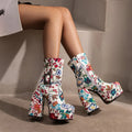 BUSY GIRL XY3011 Autumn Winter Floral Color Matching Platform Belt Buckle High-Heeled Women Ankle Boots