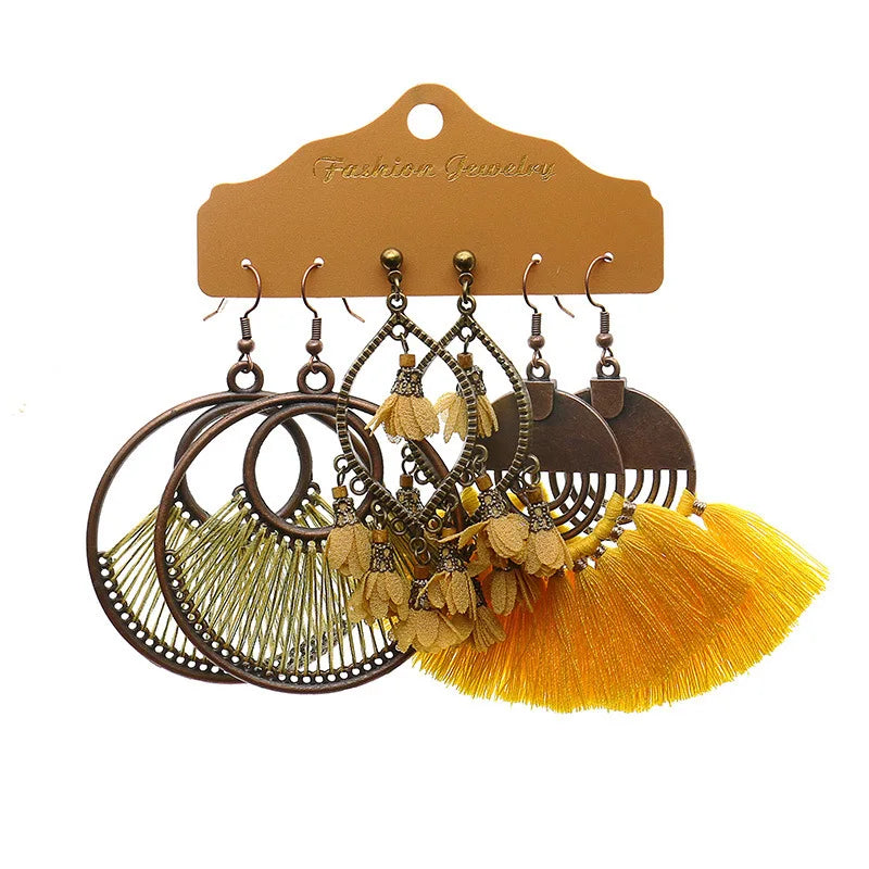New Bohemian Fashion Colorful Earring Set Charm Small Fresh Flower Big Circle Tassel Earrings for Women