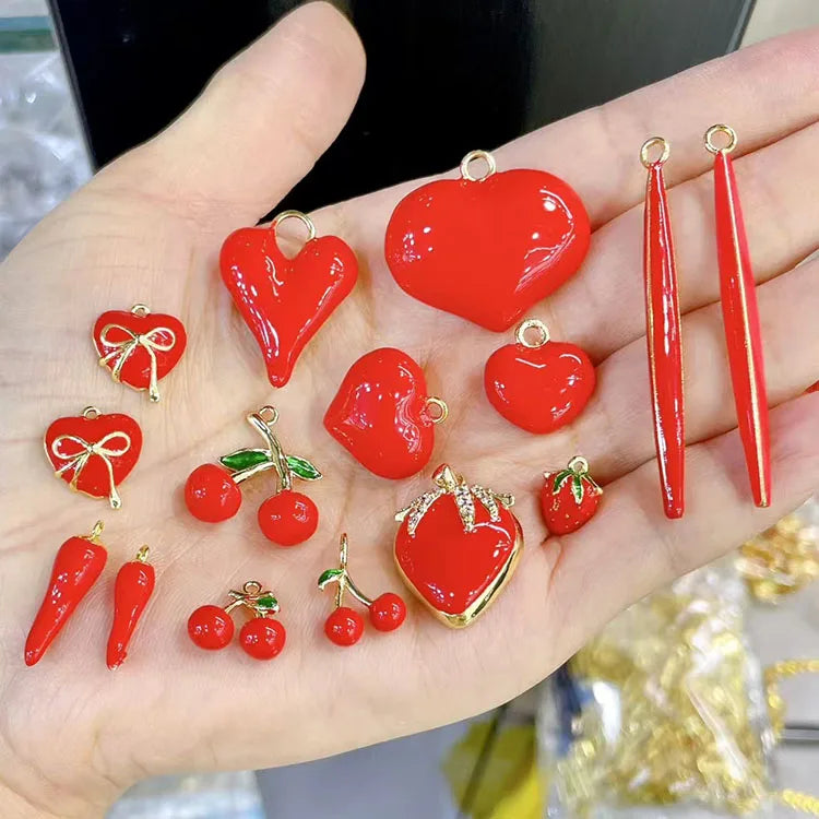 JS1817 Hot Sale  Popular Enamel Red Puffy Bubble Love Heart Cherry Strawberry Stick Chili Pepper Charm Pendants