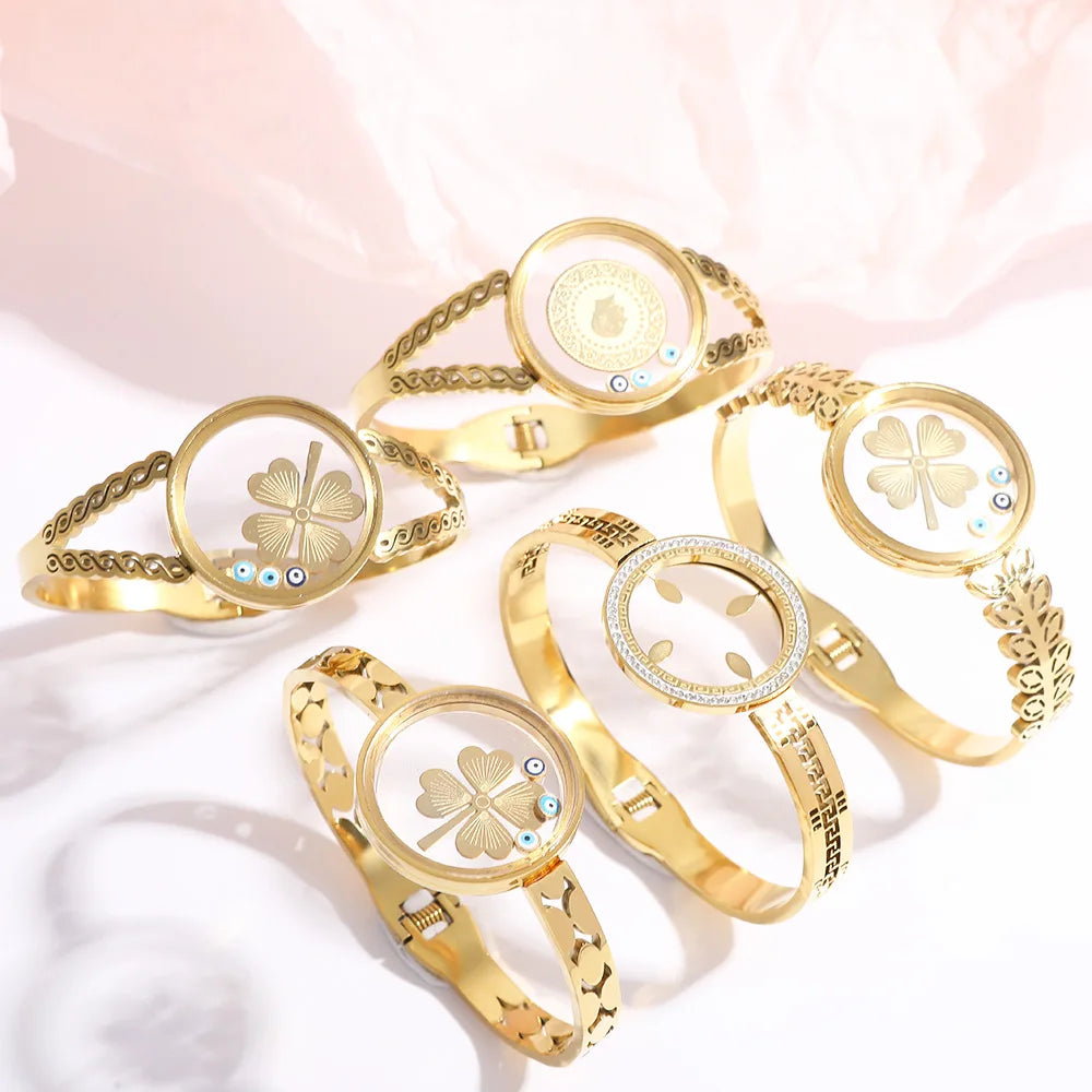 High-End Light Luxury Stainless Steel Bracelet for Women Inlaid Diamonds Four-Leaf Flower Circle Hollow Leaf Fashion Charm
