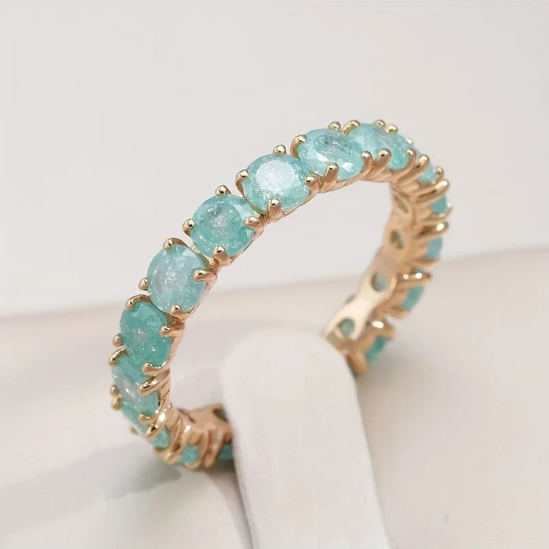Fashion Iced Out Simple Micro Paved Blue/Pink/Green Round Cubic Zircon Gold Plated Brass Eternity Wedding Band Ring for Women