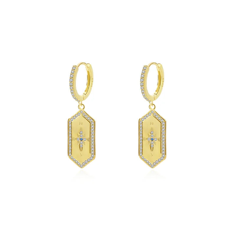 Laodun INS Fashion Popular S925 Huggie Earrings Creative Compass Personalized Dangle CZ Sterling Silver Earrings Vermeil