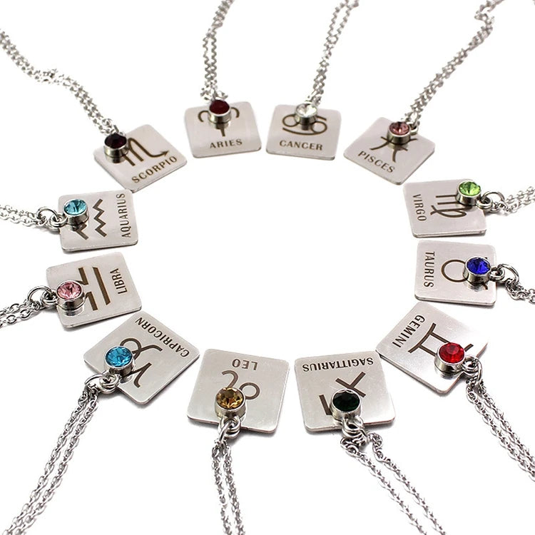 Trendy Charm Birthday Gifts Women Silver Stainless Steel Chain Birthstone Pendant Zodiac Sign Necklace