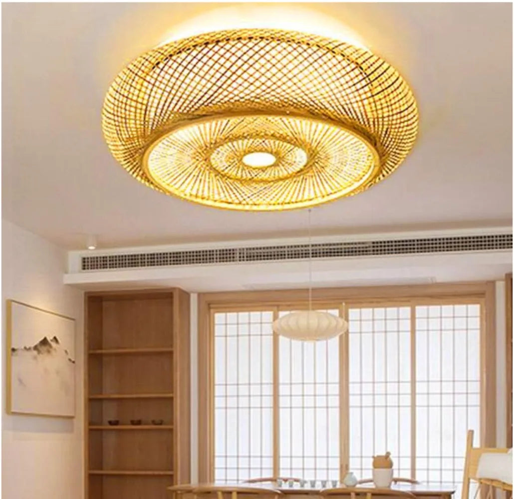Round E27 Ceiling Lamp Handmade Rattan Bamboo Goods Vintage Design Decoration Indoor Lighting Home Dinning Room Hotel Tea Shop