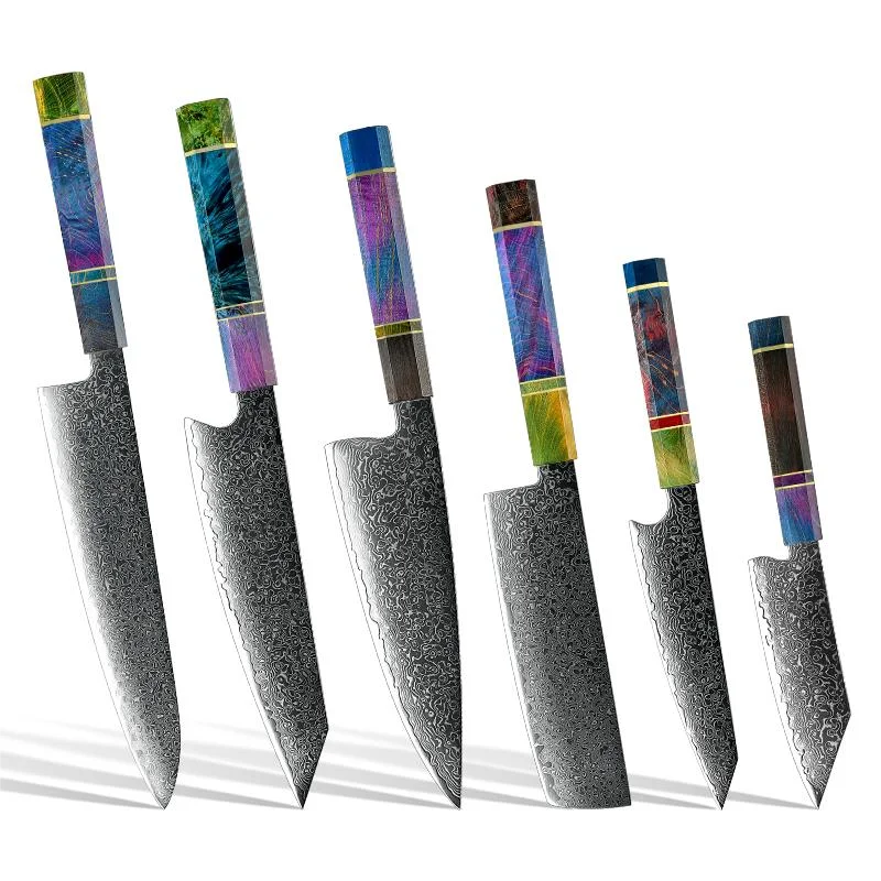 Grandsharp 6 PCS Japanese 10CR15MOV Damascus Steel Cleaver Meat Kiritsuke Nakiri Gyuto Chef Kitchen Knife Sets with Wood Handle