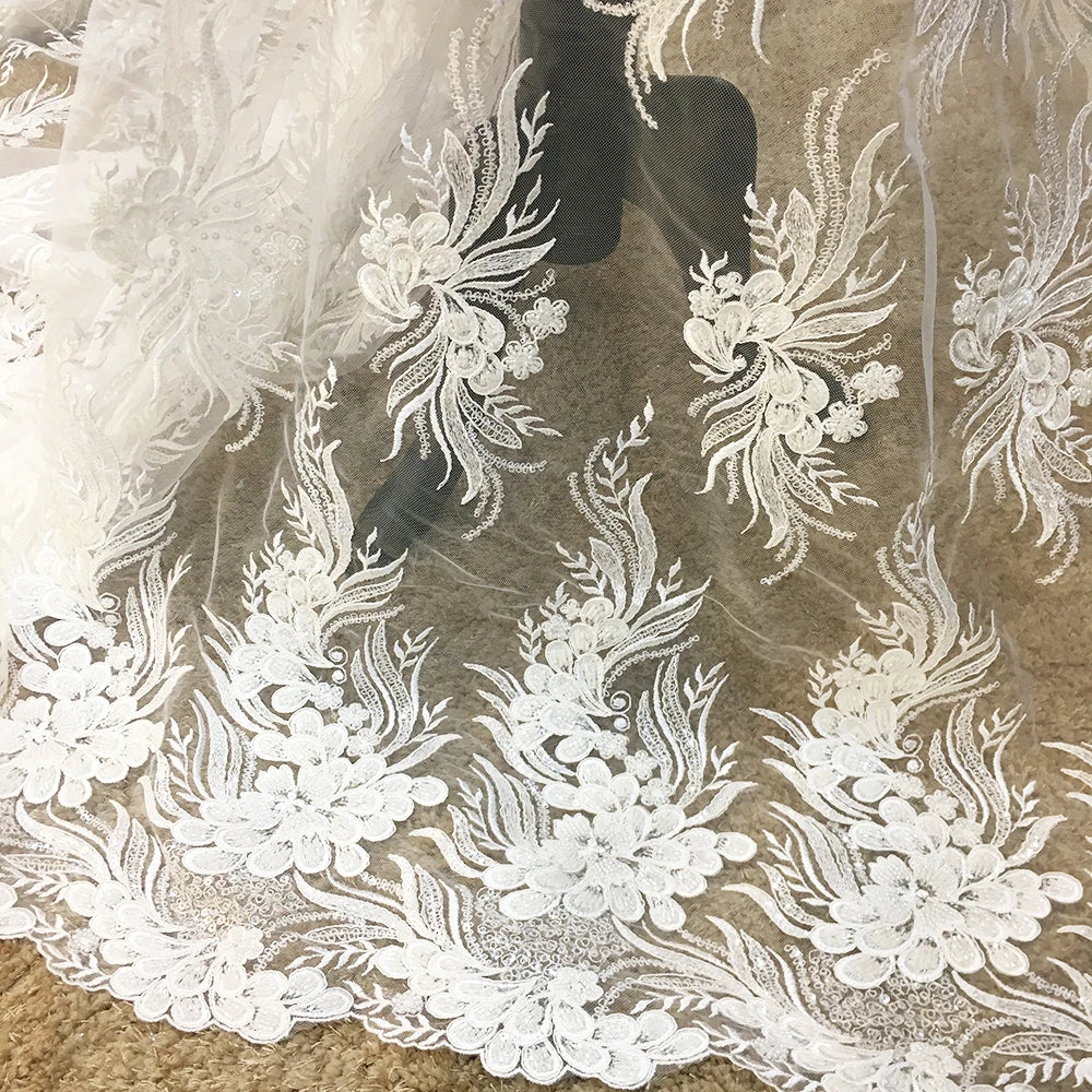 Luxurious Sparkle Wedding Dress Lace Fabric 3D Embroidery White Fancy Net Beaded Sequins Lace Fabric