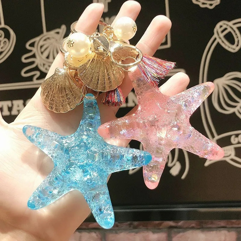 Sea Life Ocean Style Tassel Bling Exaggerated Big Acrylic Resin Starfish Key Chains for Key Bag Hanging Car Decoration Gift