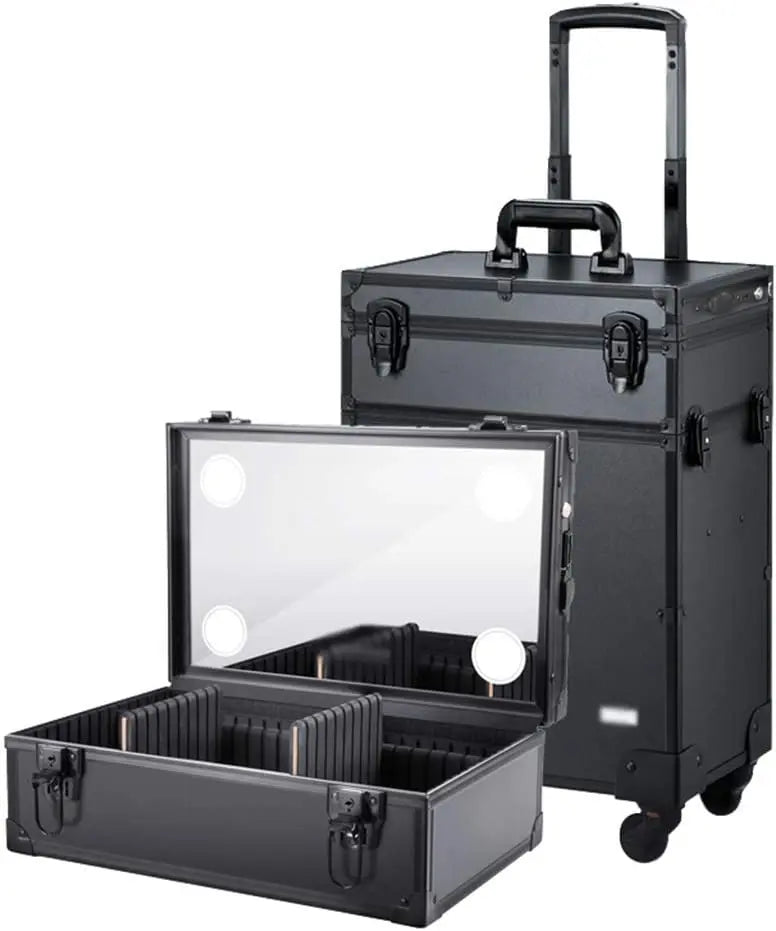 Professional Makeup Case LED Lamp Adjustable Large Capacity Lock 4 Wheels Customizable Fashionable Aluminum Suitcase Cosmetics