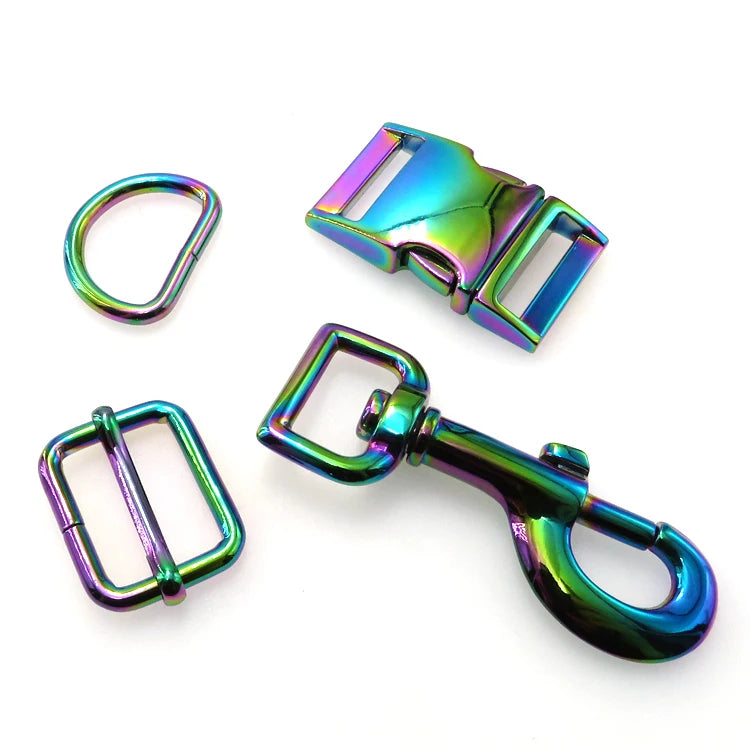 In Stock 25mm Metal Accessories Rainbow Side Release Buckle D Ring Dog Hooks Sets Dog Collar Hardware