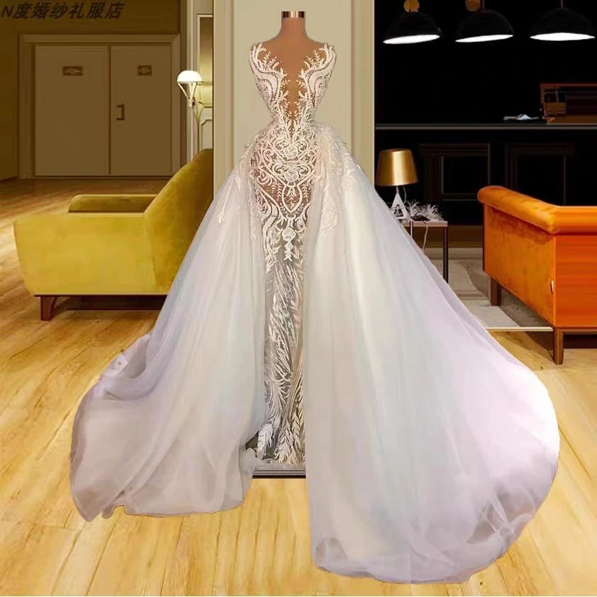 JM0206 Customized New Style Luxury Wedding Dresses V Neck Wedding Gown New Design Sleeveless Detachable Train Wedding Dress