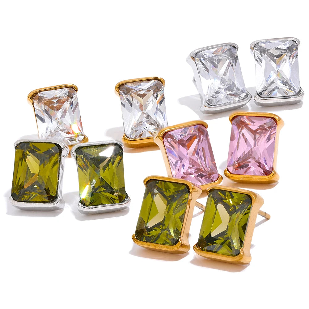 JINYOU 2184 Delicate AAA Cubic Zirconia Stainless Steel Square Stud Earrings 18K PVD Trendy Daily Jewelry for Women Gala Gift