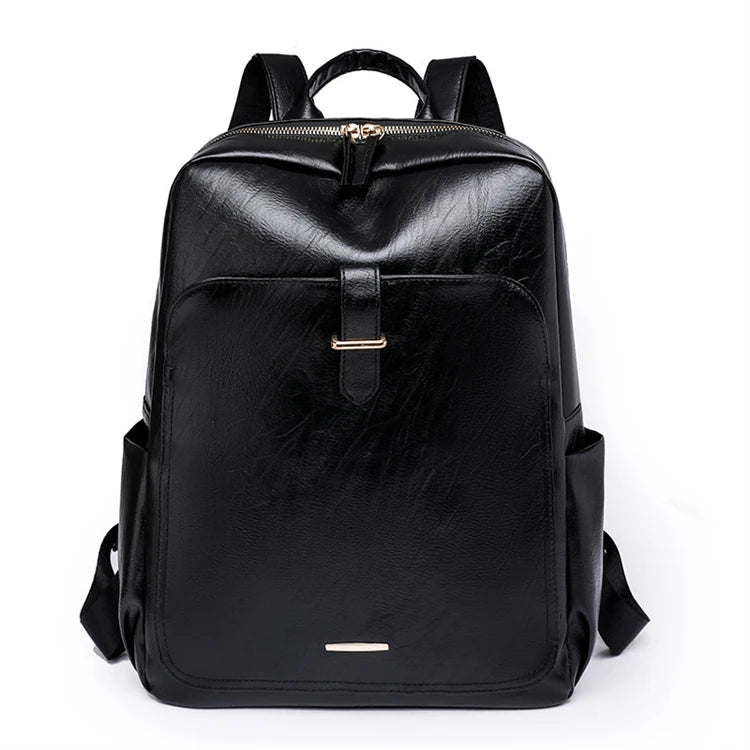 Modern Black Mini Leather Haversack Bag Custom Knapsacks for Ladies with Zipper Closure and Polyester Lining