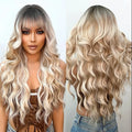 Blonde Highlight Synthetic Wavy Wigs for Women Long Ombre Blonde Wig with Bangs Soft Natural Looking Hair Daily Party