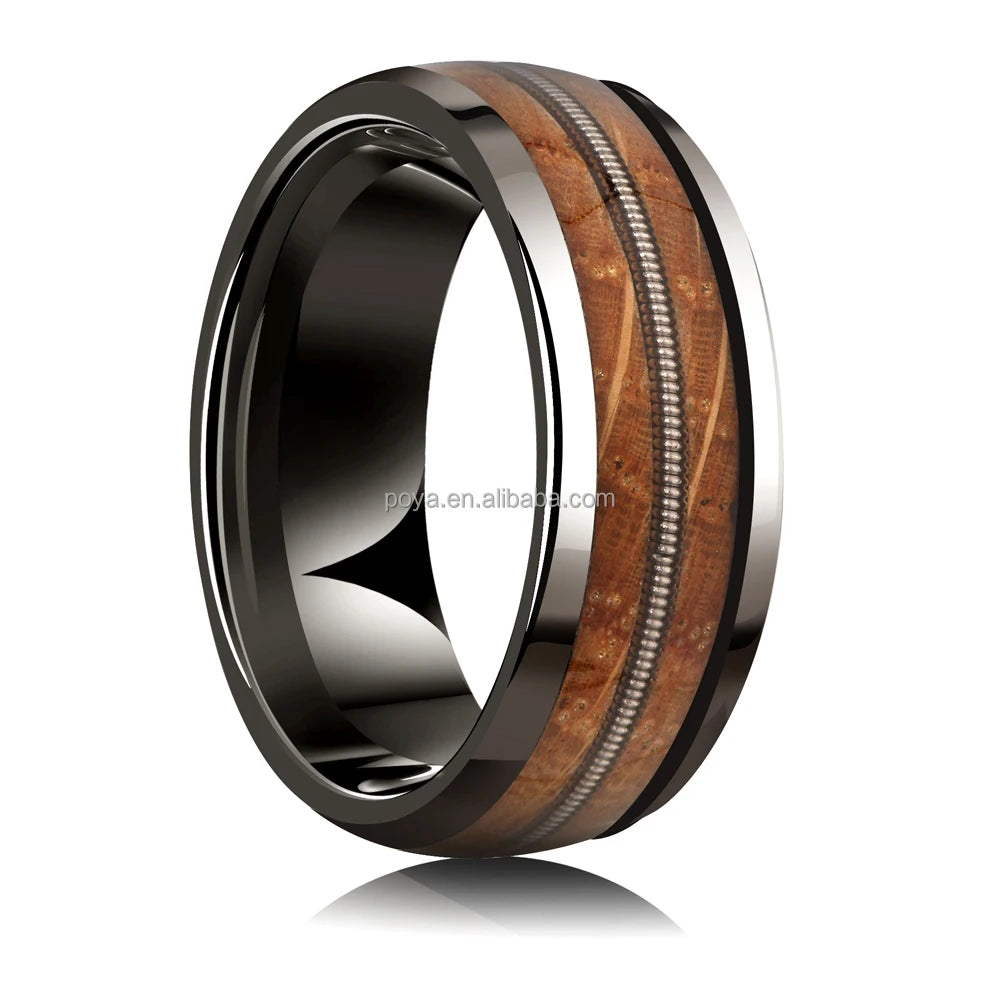 POYA Mens Guitar String Ring Gunmetal Tungsten Whiskey Barrel Wood Inlay 8mm Wedding Band for Men