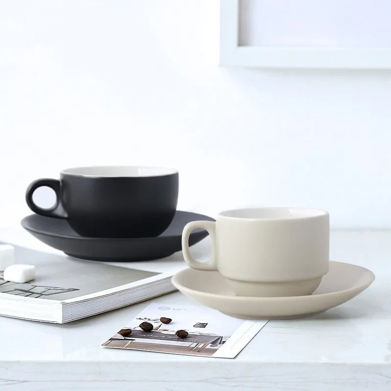 Color Glaze Matte Black Nordic Coffee Mug Saucer for Cafe