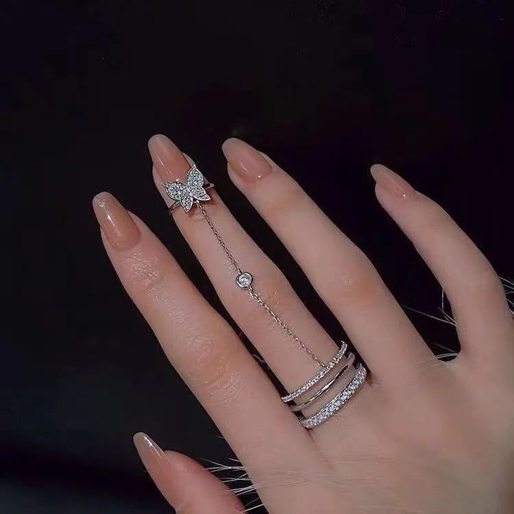 AA0004 Simple Three-Layered Super Sparkling Diamond Tassel Butterfly Ring Chain Rings for Girls Women