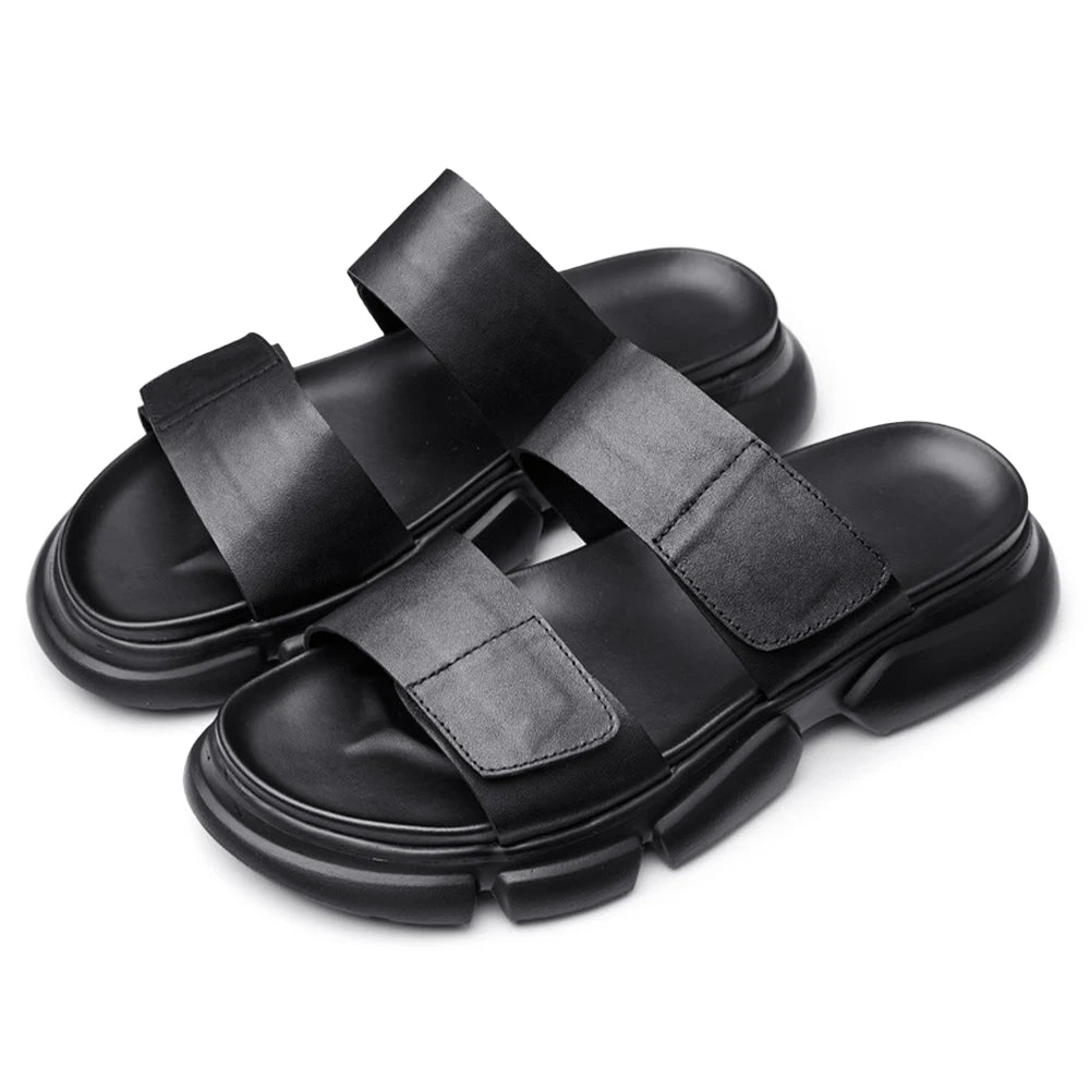 2025 Winter New Men's Top Grade Quality Genuine Leather Flip Flops Thick-Sole Beach Sandals with Hook-and-Loop Slippers