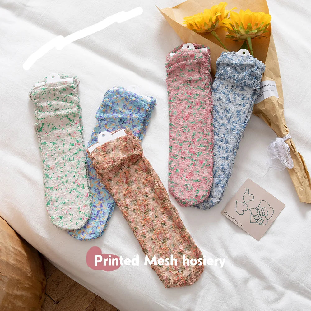 Luxury Floral Mesh Socks for Women Spring/Summer New Design Long Tube Sheer Floral Crew Socks Breathable Daily Usage Compliant