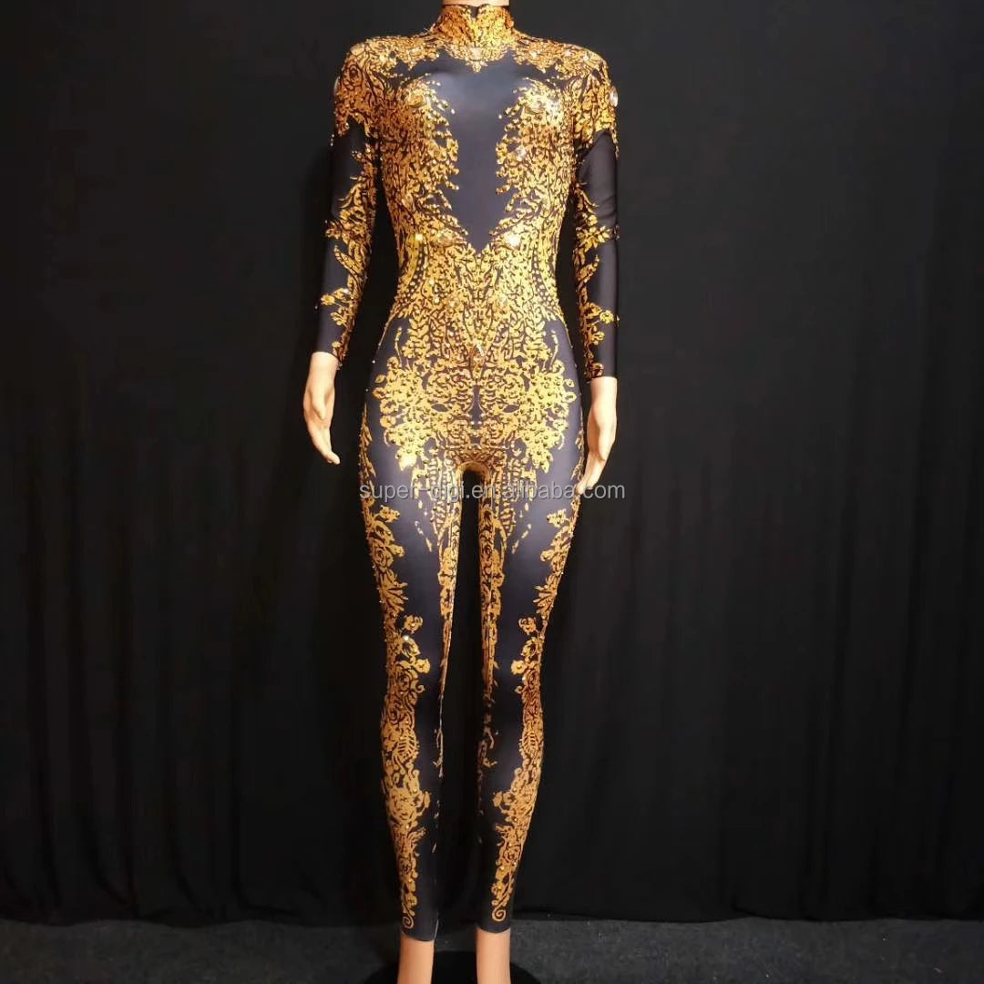 Rhinestone Bodysuits Women Skinny Spandex Bodysuit Dance Leotard Club Party Lady Jumpsuit